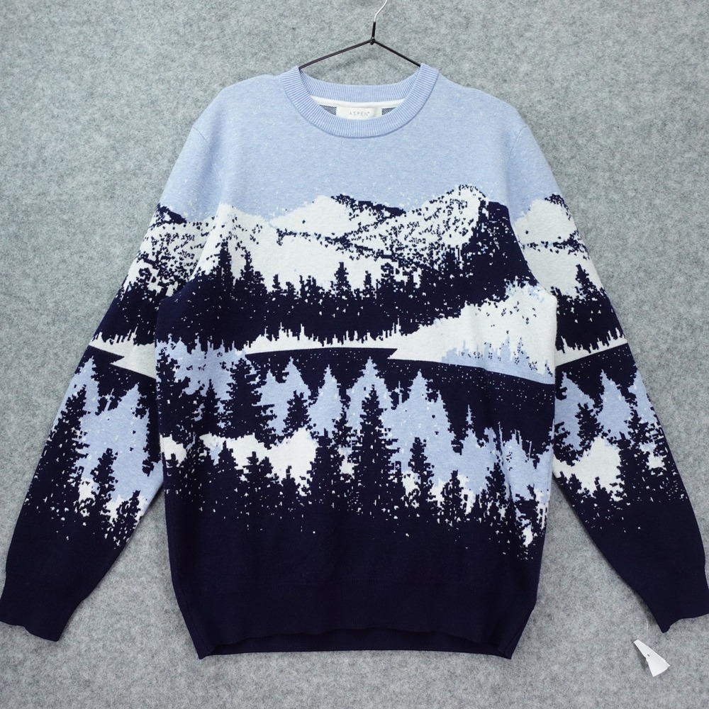 Blue Apres Ski Mountain Lake Trees Crewneck Sweater L Alpine Outdoor Aspen NEW